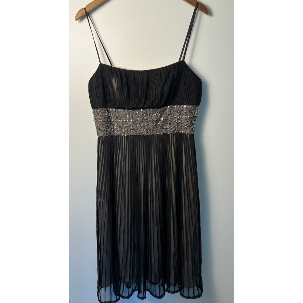 JS Collections Cocktail Dress 12 Black Sequined Pleated‎ Empire Waist Mesh Y2K